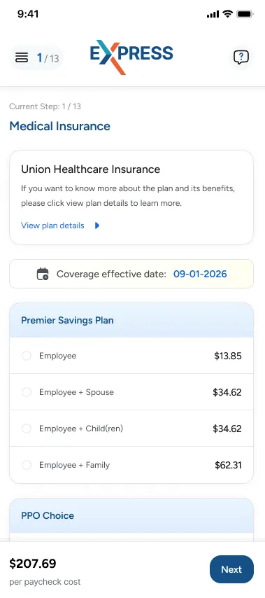 Employee completing a medical plan election on a phone